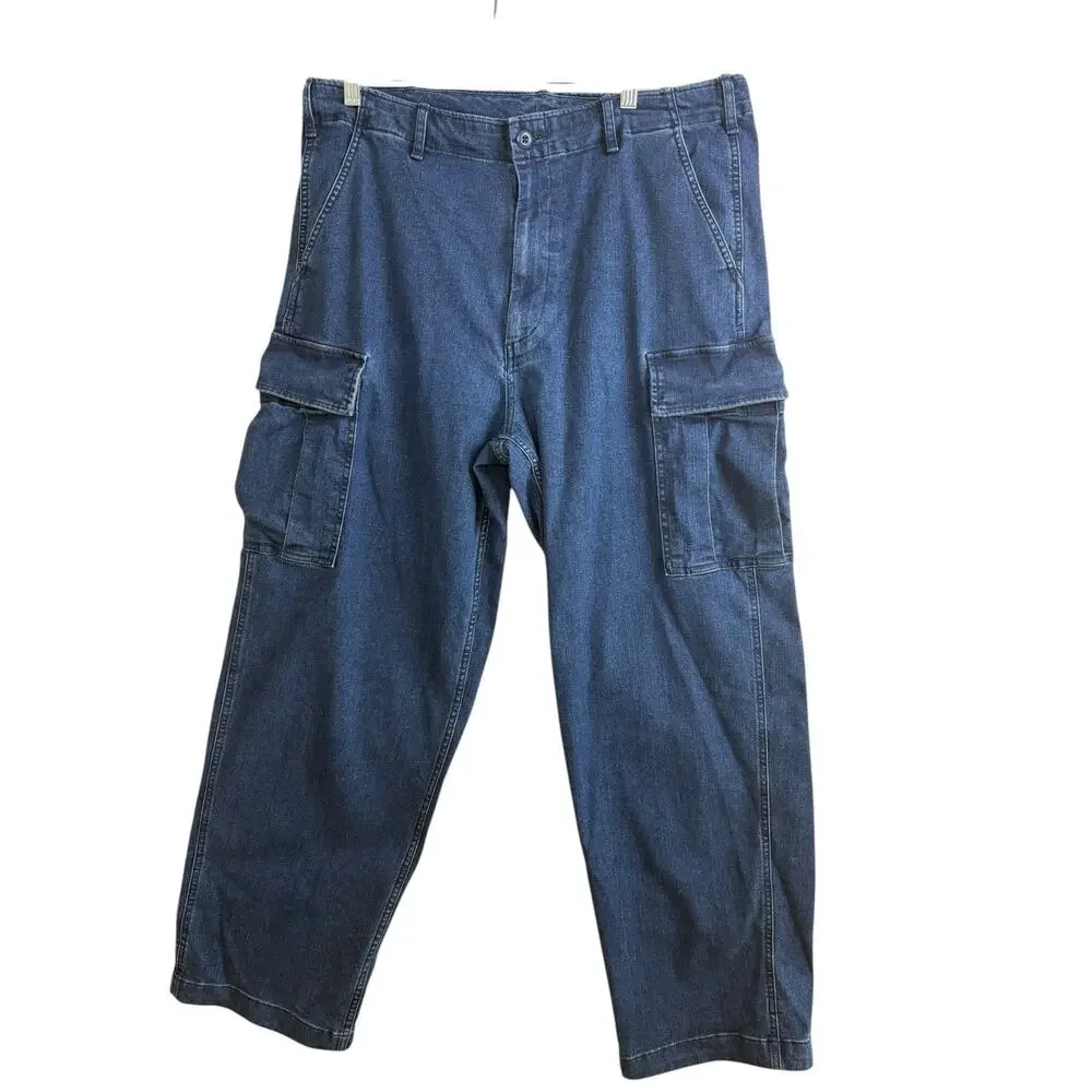 Uniqlo Wide Fit Denim Cargo Pants Mens Size L Drawstring‎ Stretch Streetwear - Picture 3 of 14